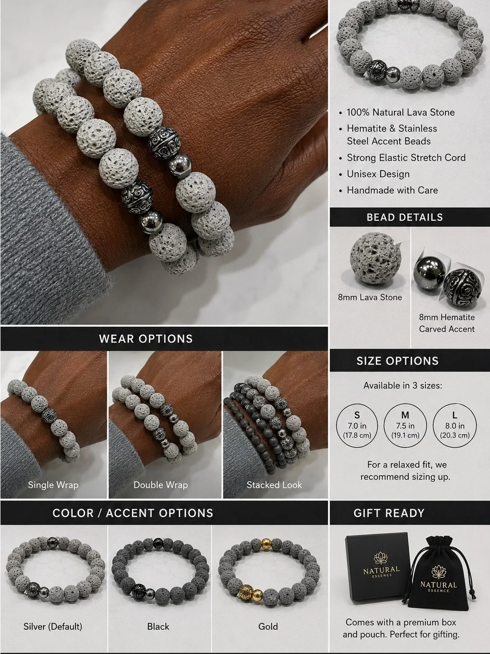 2 pcs Gray Lava Stone Beaded Stretch Bracelet - Unisex